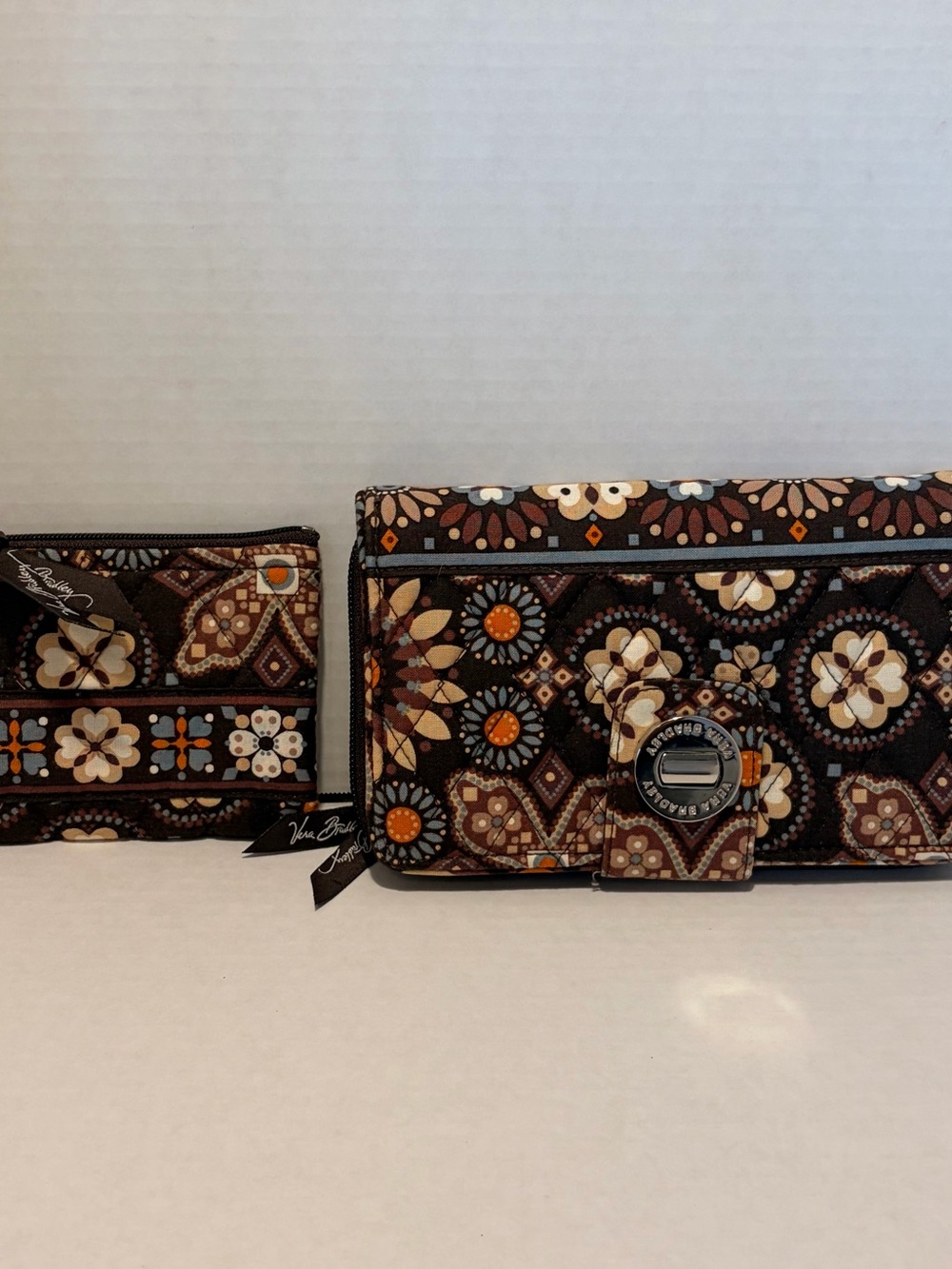 Vera Bradley Brown Floral Quilted Wallet Duo with Orange Accents